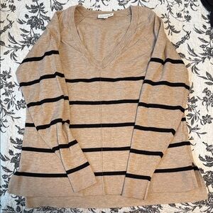 Elegant Tan V-Neck Sweater with Black Stripes